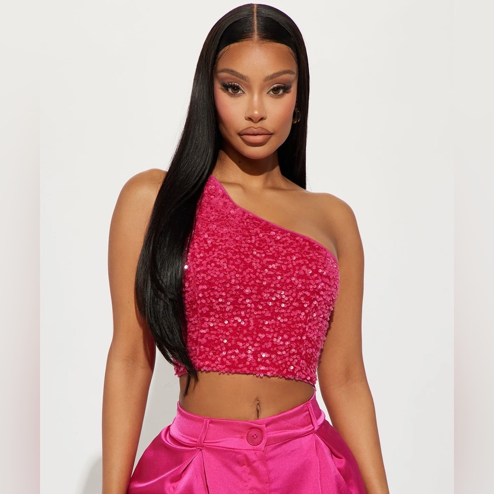 Fashion Nova One-Shoulder Hot Pink Sequin Top